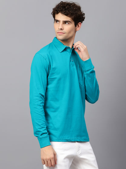Men's Cotton Plain Polo Neck Full Sleeve Shade Green Color T-Shirt - front view