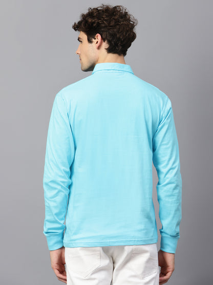 Men's Cotton Plain Polo Neck Full Sleeve Sky Blue Color T-Shirt - back view