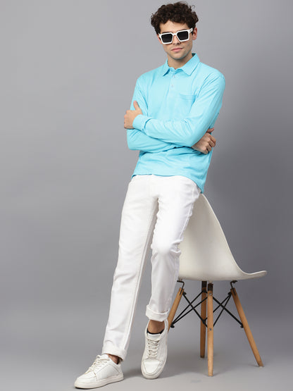 Men's Cotton Plain Polo Neck Full Sleeve Sky Blue Color T-Shirt - full view