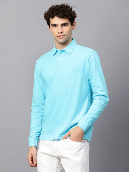 Men's Cotton Plain Polo Neck Full Sleeve Sky Blue Color T-Shirt - front view