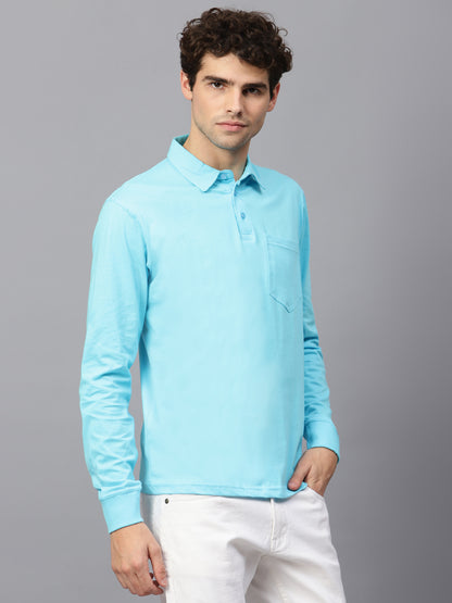 Men's Cotton Plain Polo Neck Full Sleeve Sky Blue Color T-Shirt - side view