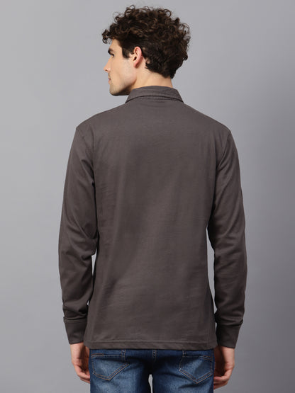 Men's Cotton Plain Polo Neck Full Sleeve Steel Grey Color T-Shirt - back view