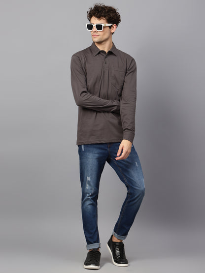 Men's Cotton Plain Polo Neck Full Sleeve Steel Grey Color T-Shirt - full view