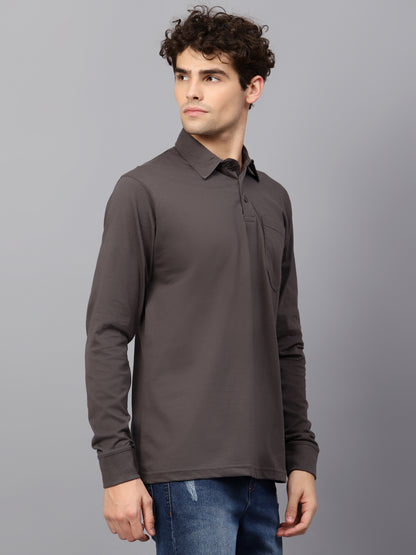 Men's Cotton Plain Polo Neck Full Sleeve Steel Grey Color T-Shirt - front view