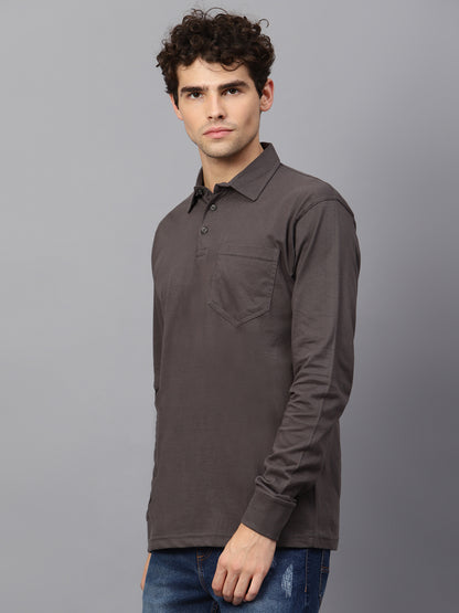 Men's Cotton Plain Polo Neck Full Sleeve Steel Grey Color T-Shirt - side view