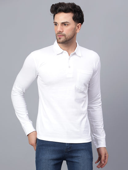 Men's Cotton Plain Polo Neck Full Sleeve White Color T-Shirt - front view