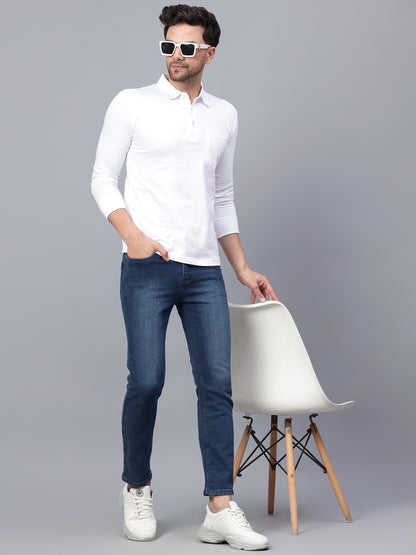Men's Cotton Plain Polo Neck Full Sleeve White Color T-Shirt - side view