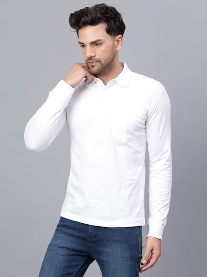 Men's Cotton Plain Polo Neck Full Sleeve White Color T-Shirt - front view