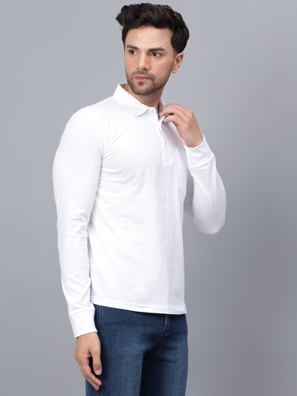Men's Cotton Plain Polo Neck Full Sleeve White Color T-Shirt - full view