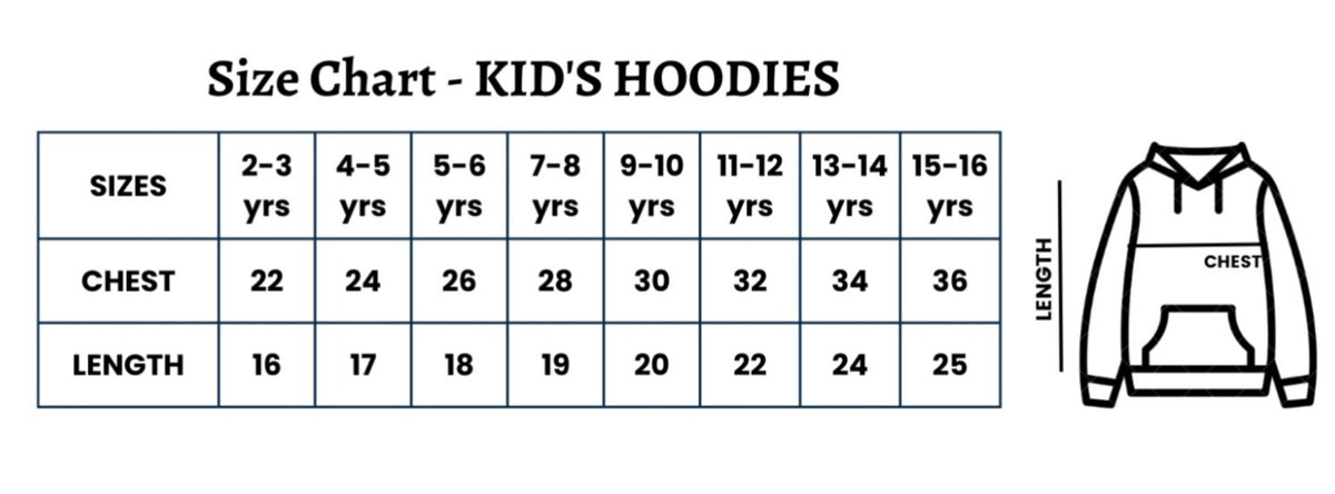 Size guide for Boys and Girls Printed Sweatshirt Hoodies