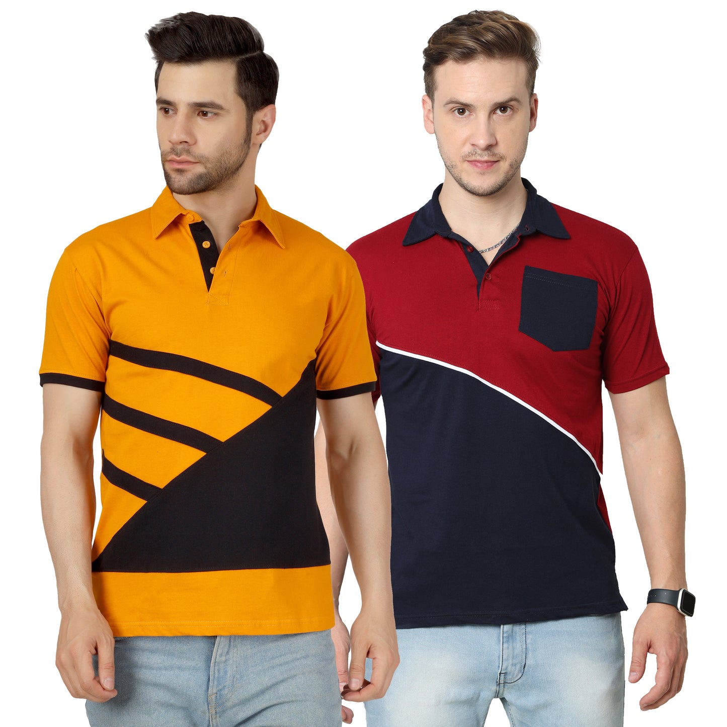 Men's Cotton Color Block Polo Neck Half Sleeve T-Shirt - (Pack of 2)