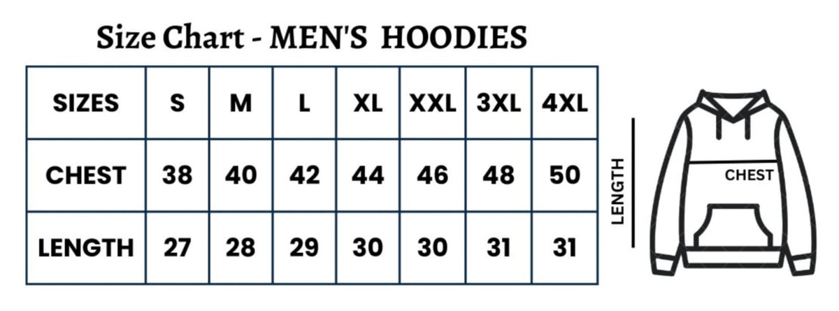 Size guide for Men's Cotton Plain Full Sleeve Sweatshirt/Hoodies