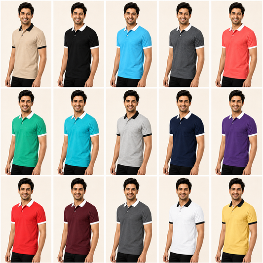 Men's Polo Neck Contrast Collar & Cuff T-Shirt – Build Your Pack (2, 4, 5, 8, 10 Pieces)