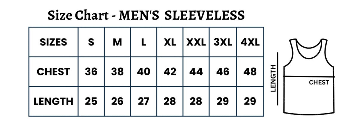 Size guide for Men's Cotton Printed Sleeveless T-Shirt