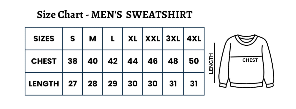 Size guide for Men's Cotton Printed Color Block Sweatshirt