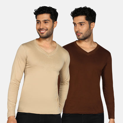 Men's Cotton Plain V Neck Full Sleeve T-Shirt ( Pack of 2)