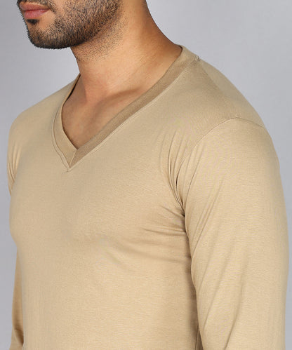 Men's Cotton Plain V Neck Full Sleeve Biscuit Color T-Shirt - image 5