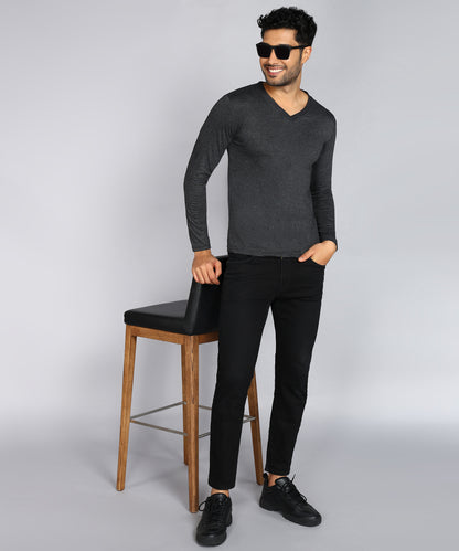 Men's Cotton Plain V Neck Full Sleeve Charcoal Melange Color T-Shirt - image 3