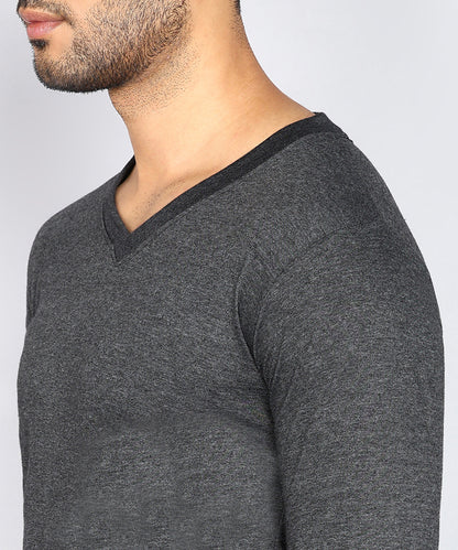 Men's Cotton Plain V Neck Full Sleeve Charcoal Melange Color T-Shirt - image 5