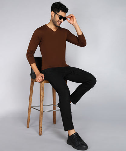 Men's Cotton Plain V Neck Full Sleeve Coffee Brown Color T-Shirt - image 4