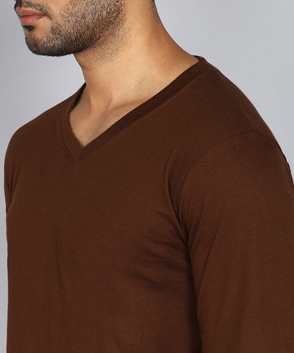 Men's Cotton Plain V Neck Full Sleeve Coffee Brown Color T-Shirt - image 5