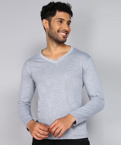 Men's Cotton Plain V Neck Full Sleeve Grey Melange Color T-Shirt - front view