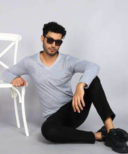 Men's Cotton Plain V Neck Full Sleeve Grey Melange Color T-Shirt - image 4