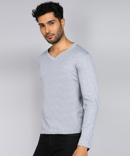 Men's Cotton Plain V Neck Full Sleeve Grey Melange Color T-Shirt - image 3