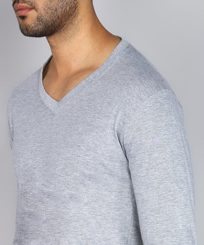 Men's Cotton Plain V Neck Full Sleeve Grey Melange Color T-Shirt - image 5
