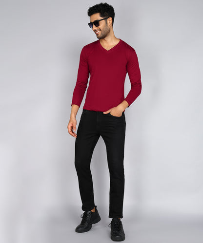 Men's Cotton Plain V Neck Full Sleeve Maroon Color T-Shirt - image 4