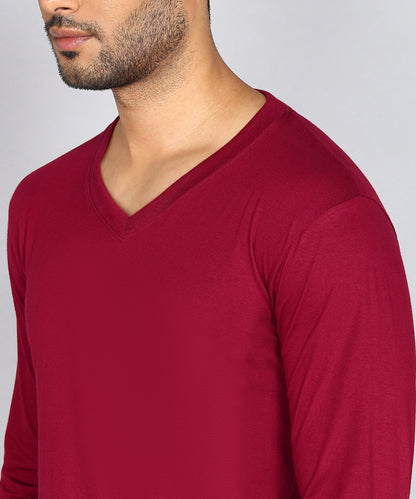 Men's Cotton Plain V Neck Full Sleeve Maroon Color T-Shirt - image 5