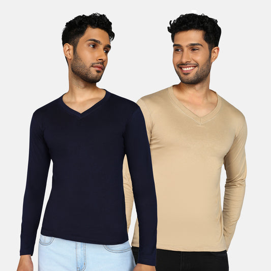 Men's Cotton Plain V Neck Full Sleeve T-Shirt ( Pack of 2)