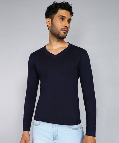 Men's Cotton Plain V Neck Full Sleeve Navy Blue Color T-Shirt - front view