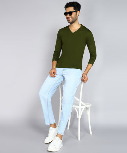 Men's Cotton Plain V Neck Full Sleeve Olive Green Color T-Shirt - image 4