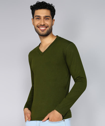 Men's Cotton Plain V Neck Full Sleeve Olive Green Color T-Shirt - image 3