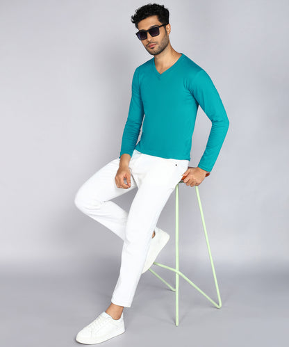 Men's Cotton Plain V Neck Full Sleeve Shade Green Color T-Shirt - image 4