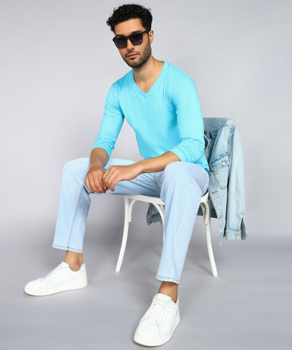 Men's Cotton Plain V Neck Full Sleeve Sky Blue Color T-Shirt - image 4