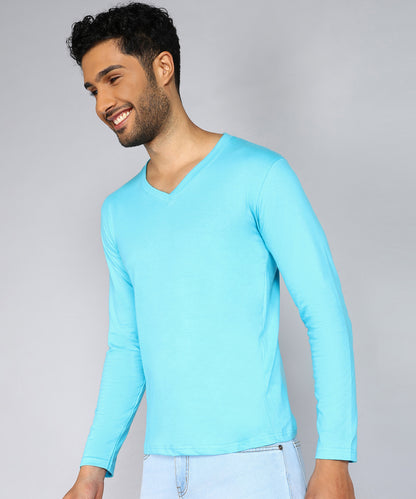 Men's Cotton Plain V Neck Full Sleeve Sky Blue Color T-Shirt - image 3