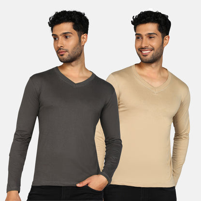 Men's Cotton Plain V Neck Full Sleeve T-Shirt ( Pack of 2)