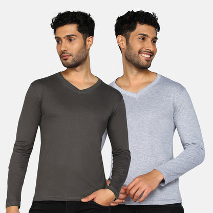 Men's Cotton Plain V Neck Full Sleeve T-Shirt ( Pack of 2)