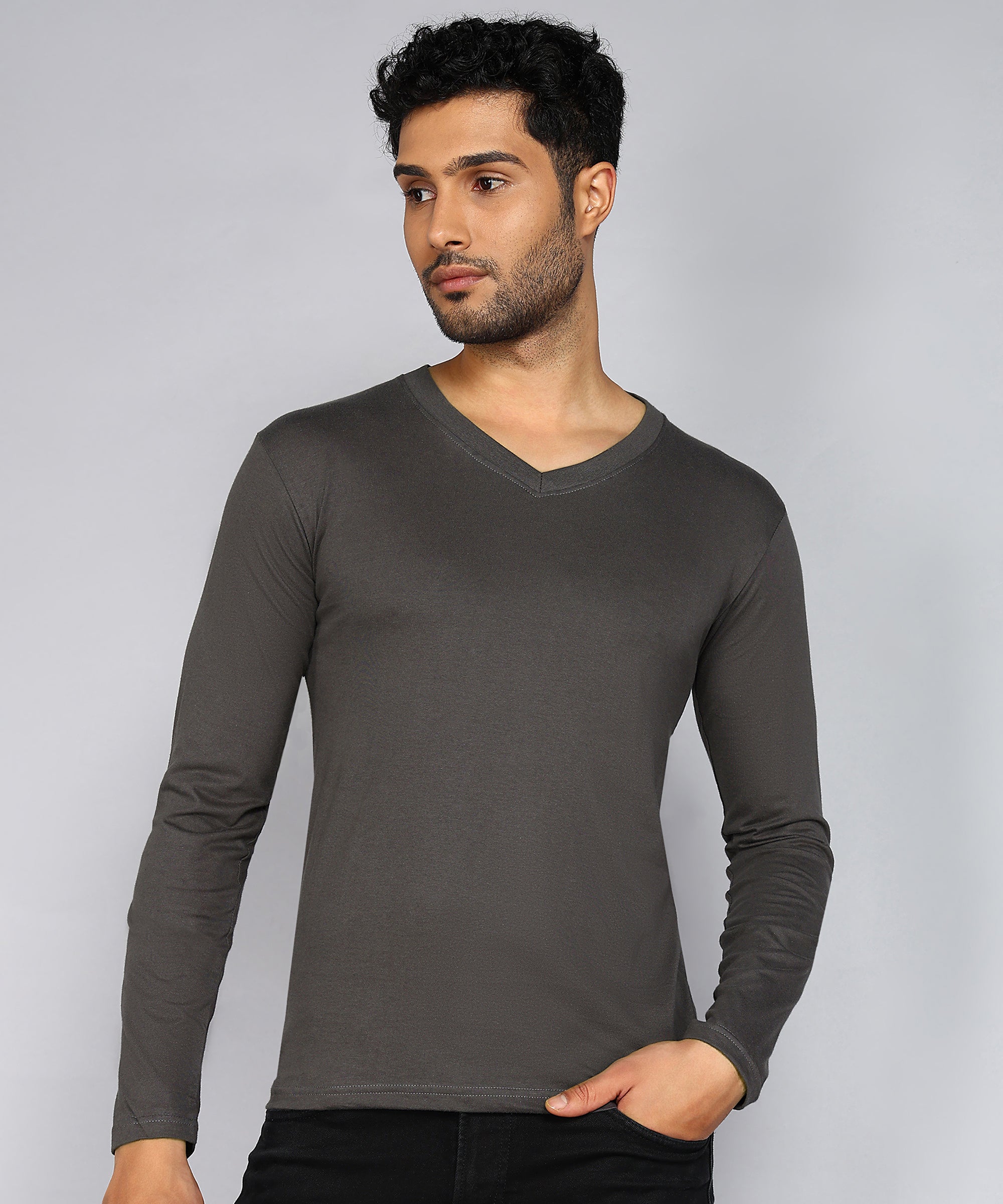 Men's Cotton Plain V Neck Full Sleeve T-Shirt – Fleximaa