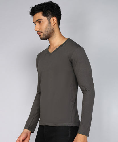 Men's Cotton Plain V Neck Full Sleeve Steel Grey Color T-Shirt - image 3
