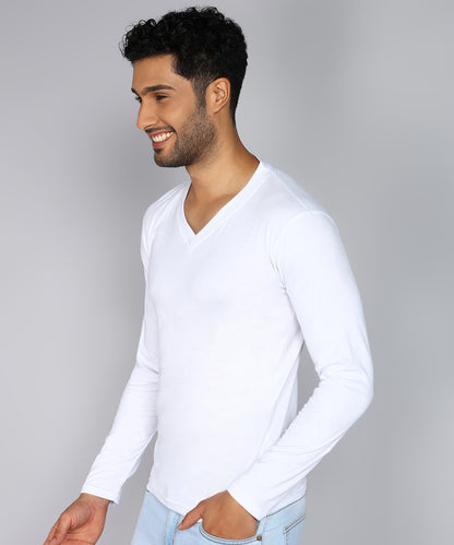 Men's Cotton Plain V Neck Full Sleeve White Color T-Shirt - image 3