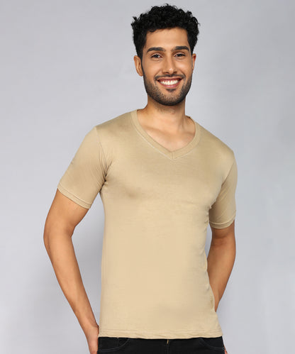 Men's Cotton Plain V Neck Half Sleeve Biscuit Color T-Shirt - front view