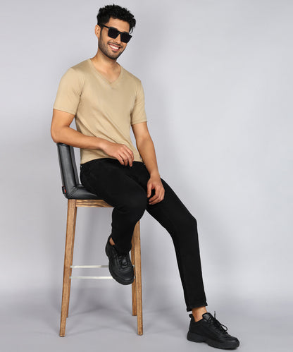 Men's Cotton Plain V Neck Half Sleeve Biscuit Color T-Shirt - image 4