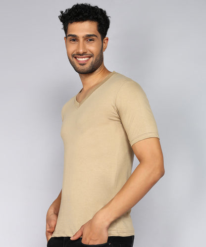 Men's Cotton Plain V Neck Half Sleeve Biscuit Color T-Shirt - image 3