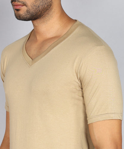Men's Cotton Plain V Neck Half Sleeve Biscuit Color T-Shirt - image 5
