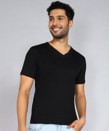 Men's Cotton Plain V Neck Half Sleeve Black Color T-Shirt - front view