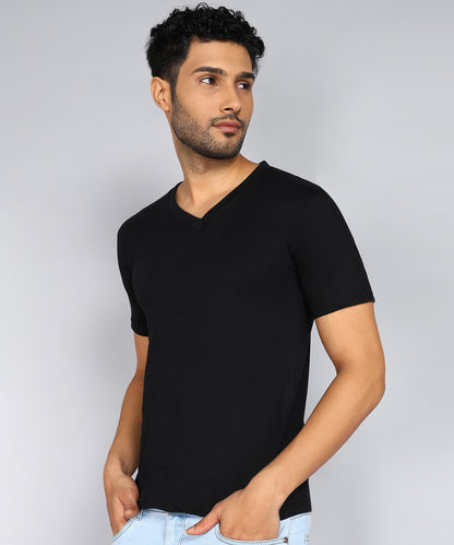 Men's Cotton Plain V Neck Half Sleeve Black Color T-Shirt - image 3