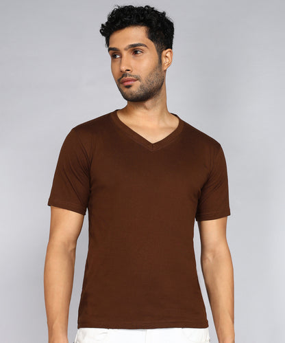 Men's Cotton Plain V Neck Half Sleeve Coffee Brown Color T-Shirt - front view